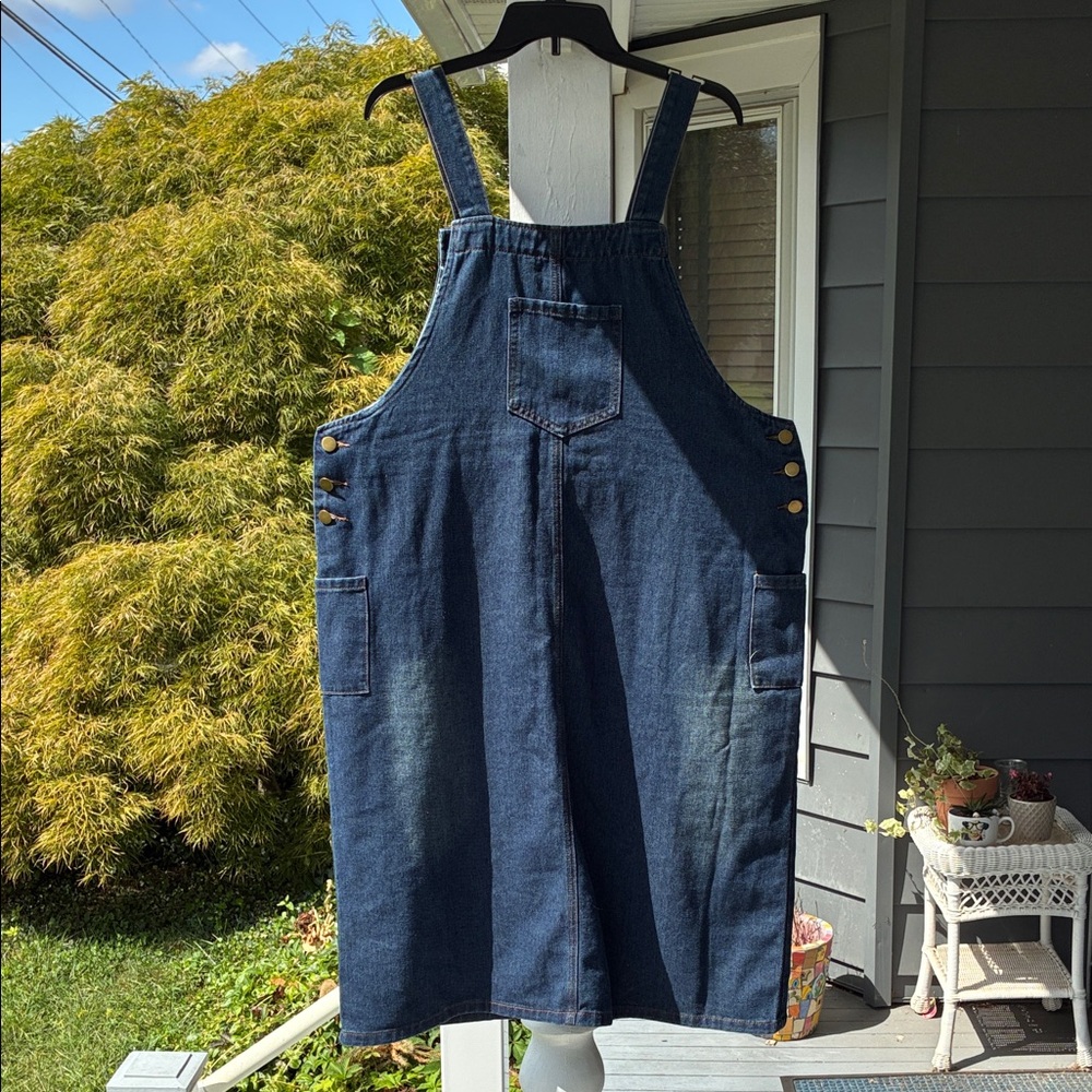 Dark wash, denim jumper, no size tag, looks like an XL-1X.